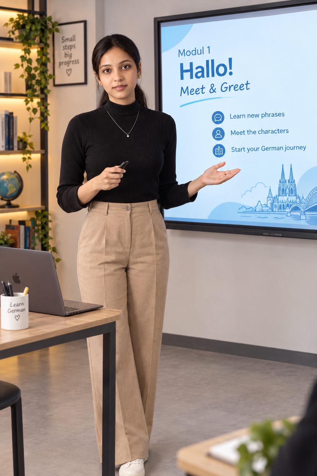 Vethaii Linguahub teacher standing beside a digital teaching screen